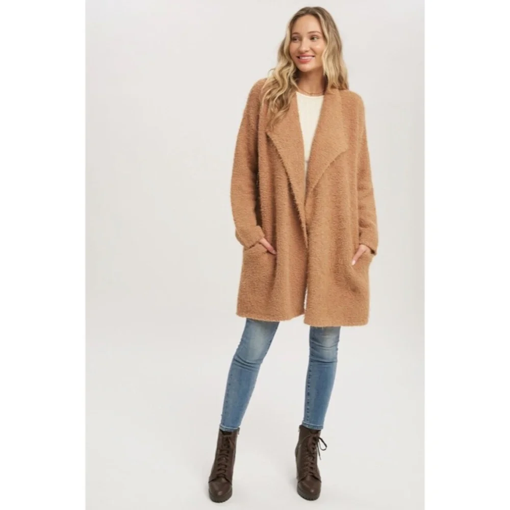 SOLD OUT Camel Soft Fuzzy Drape Front Dolman Oversized Knit Cardigan Sweater - Picture 5 of 8
